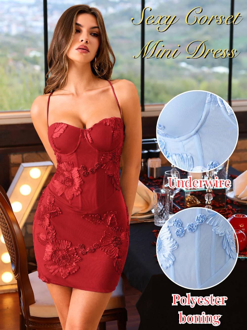 Women's Embroidered Corset Mini Dress, Semi-Formal Sweetheart Tie Back Backless Lace Bodycon Dress for Grad Party & Vacation