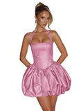 Satin Halter Homecoming Dresses for Teens Short Glitter A-Line Prom Dress Bubble Mini Formal Cocktail Party Gowns