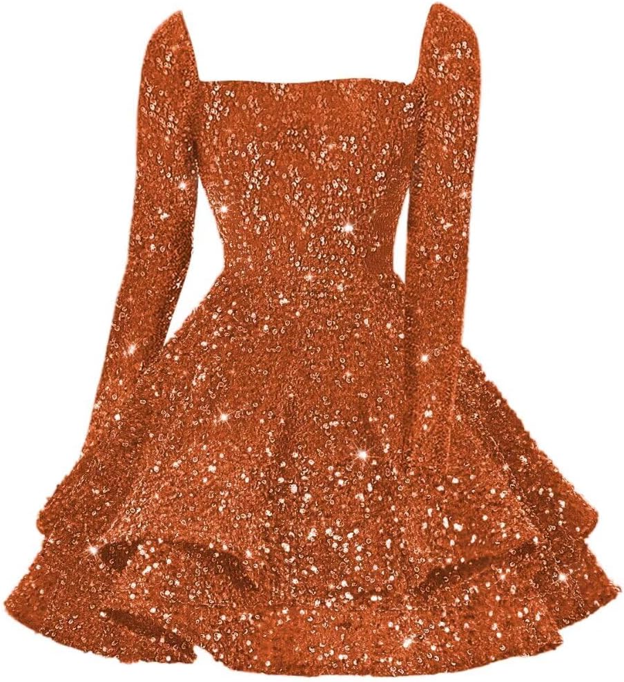 Sequin Short Homecoming Dress for Teen Sparkly Long Sleeve Prom Sweet 16 Dresses Cocktail Gowns