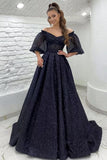 Puffy Sleeve Glitter Prom Dresses Women's Ball Gown Off Shoulder Formal Evening Gown Princess Quinceanera Dress