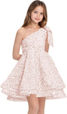 Sequins Flower Girl Dresses Short - One Shoulder Princess Pageant Dress Kids A Line Communion Formal Party Gown