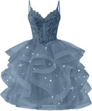 Glitter Tulle Homecoming Dresses 2026 Tiered Ruffles Lace Short Prom Dress for Teens Quinceanera Gowns