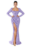 Mermaid Sequin Prom Dresses for Women 2026 Long Sleeve Ruched Formal Dress with Slit Sparkly Evening Party Gowns