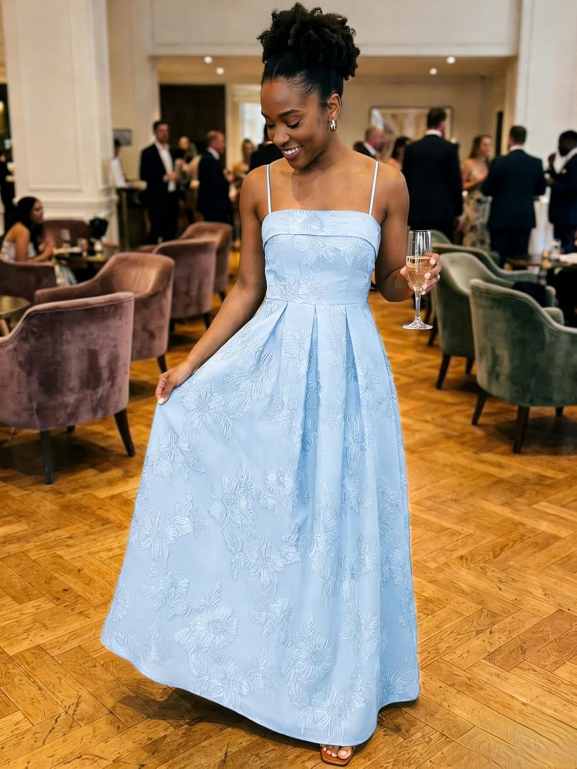 Women's Spaghetti Straps Floral Prom Dresses A Line Strapless Ball Dresses Long Embroidery Formal Evening Dresses