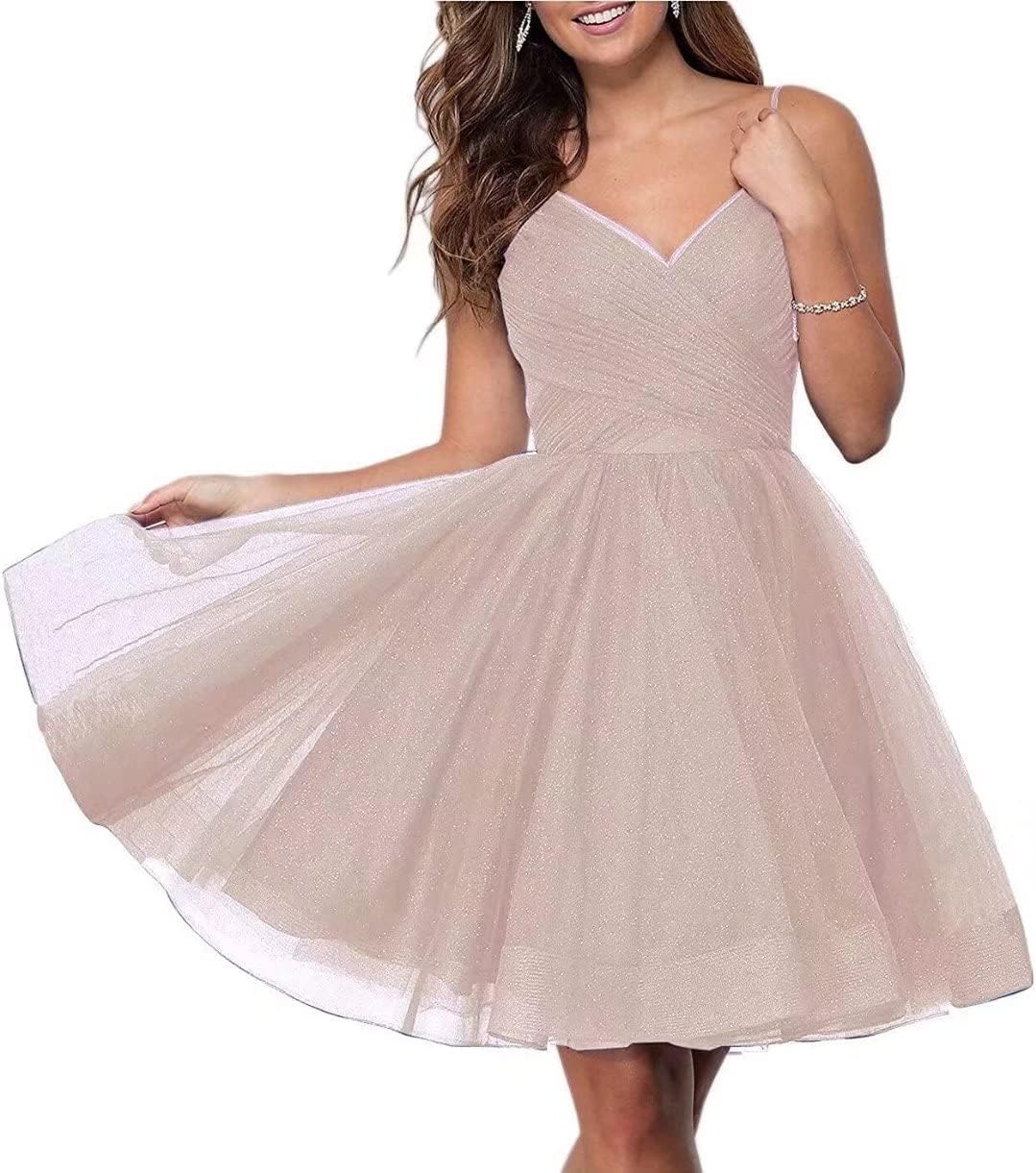 Short Homecoming Dresses Spaghetti Straps V Neck Glitter Tulle Ball Gown Short Prom Graduation Dress for Juniors