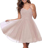 Short Homecoming Dresses Spaghetti Straps V Neck Glitter Tulle Ball Gown Short Prom Graduation Dress for Juniors
