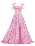Bow Straps Prom Dresses 2026 Sparkly Sequin Square Neck Ruched Long Puffy Ball Gown Formal Dress with Slit Pockets