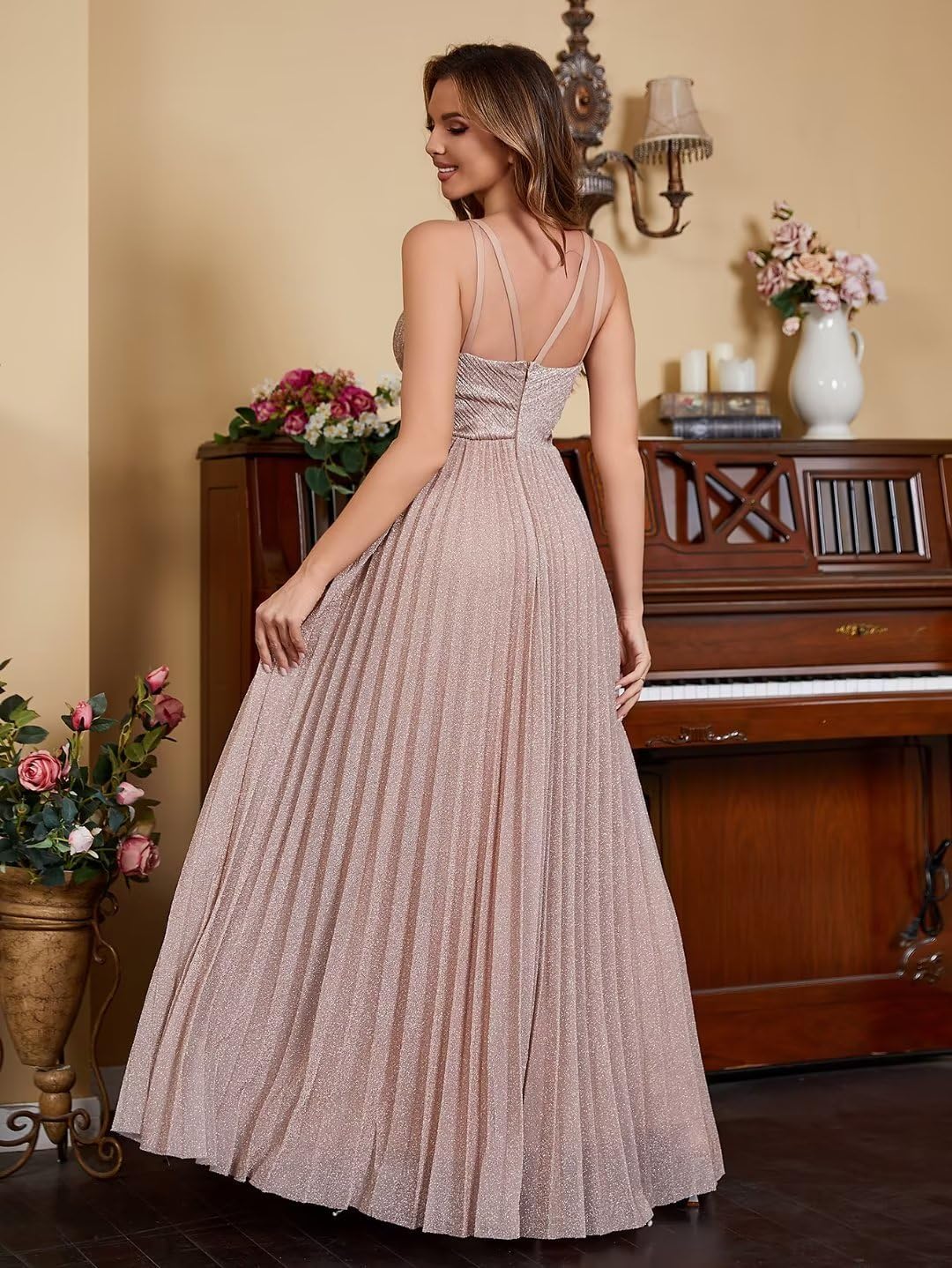 Spaghetti Strap Long Prom Dresses for Women 2026 Ball Gown A Line V-Neck Sparkly Formal Evening Gowns for Wedding