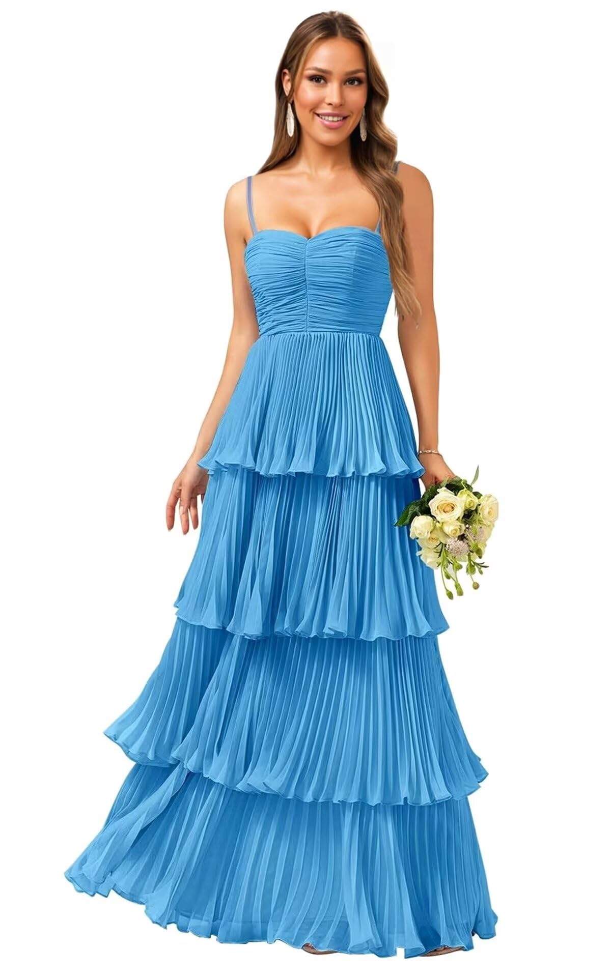 Tiered Ruffle Bridesmaid Dresses for Women Spaghetti Straps Long Chiffon Formal Evening Prom Gowns