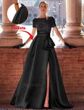 Kingbridal Gowns Short Sleeve Sequin Prom Dresses for Women 2026 Satin A-Line Sparkly Formal Evening Party Ball Gowns with Slit