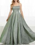 Women's Glitter Prom Dresses Long Ball Gown Spaghetti Straps Neck Formal Evening Party Dress for Teens