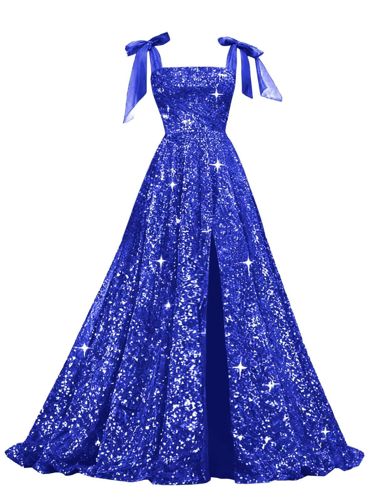 Bow Straps Prom Dresses 2026 Sparkly Sequin Square Neck Ruched Long Puffy Ball Gown Formal Dress with Slit Pockets