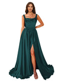 Cowl Neck Satin Prom Dresses Corset Ball Gown Long Puffy A-Line Formal Evening Gown with Slit