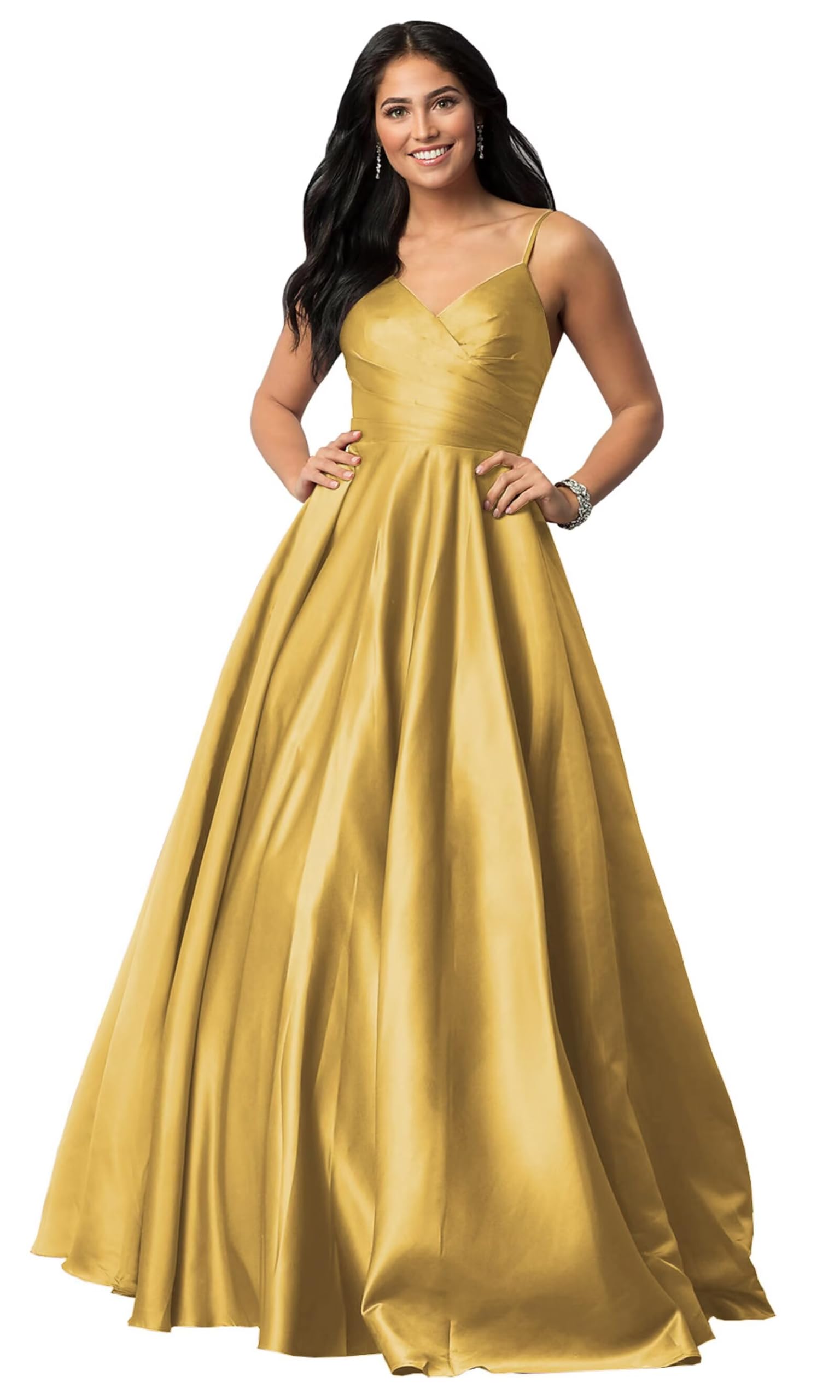 Spaghetti Straps Satin Prom Dresses for Women Long with Pockets Pleated Formal Evening Gowns