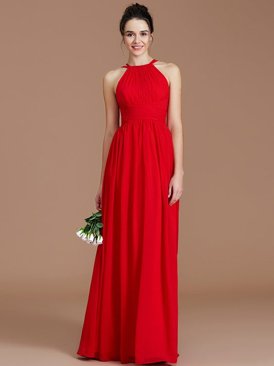 A-Line/Princess Halter Sleeveless Ruched Floor-Length Chiffon Bridesmaid Dresses Evening Dress