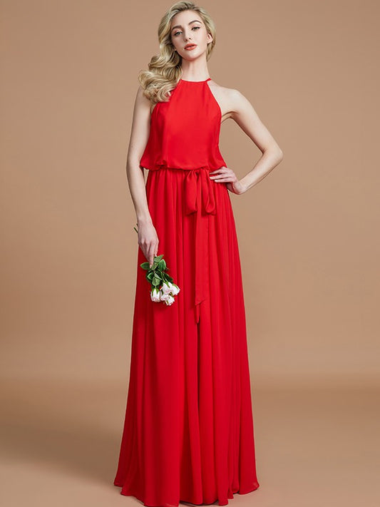 A-Line/Princess Halter Sleeveless Sash/Ribbon/Belt Floor-Length Chiffon Bridesmaid Dresses Evening Prom Dress