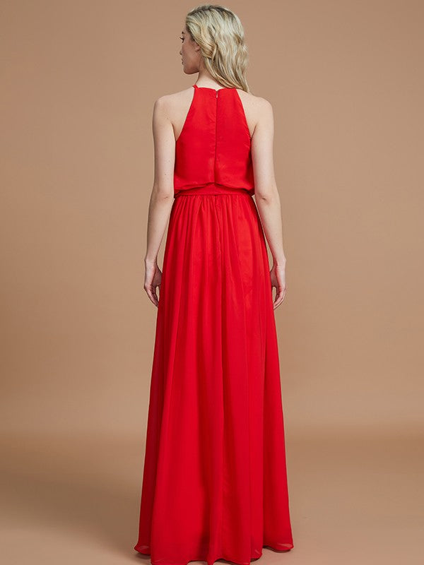 A-Line/Princess Halter Sleeveless Sash/Ribbon/Belt Floor-Length Chiffon Bridesmaid Dresses Evening Prom Dress