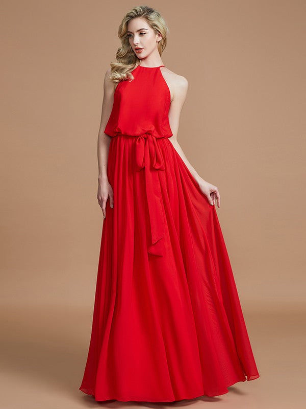A-Line/Princess Halter Sleeveless Sash/Ribbon/Belt Floor-Length Chiffon Bridesmaid Dresses Evening Prom Dress