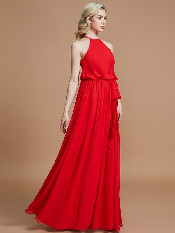 A-Line/Princess Halter Sleeveless Sash/Ribbon/Belt Floor-Length Chiffon Bridesmaid Dresses Evening Prom Dress