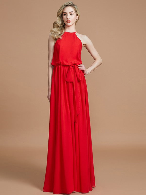 A-Line/Princess Halter Sleeveless Sash/Ribbon/Belt Floor-Length Chiffon Bridesmaid Dresses Evening Prom Dress