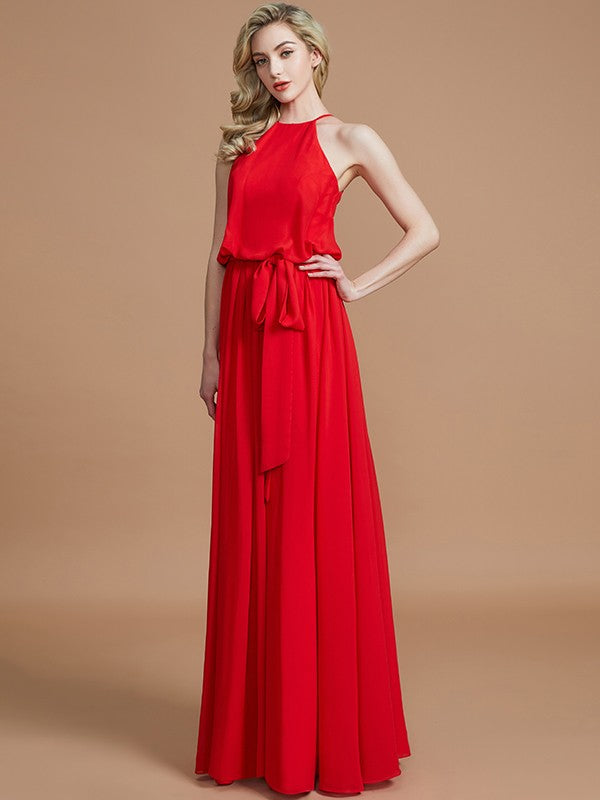 A-Line/Princess Halter Sleeveless Sash/Ribbon/Belt Floor-Length Chiffon Bridesmaid Dresses Evening Prom Dress