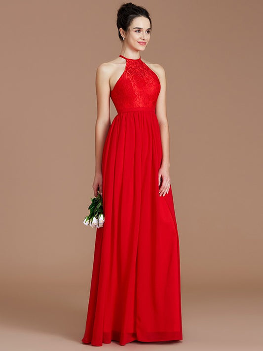 A-Line/Princess Halter Sleeveless Lace Floor-Length Chiffon Bridesmaid Dresses Formal Evening Dress
