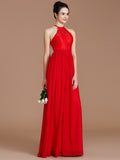 A-Line/Princess Halter Sleeveless Lace Floor-Length Chiffon Bridesmaid Dresses Formal Evening Dress