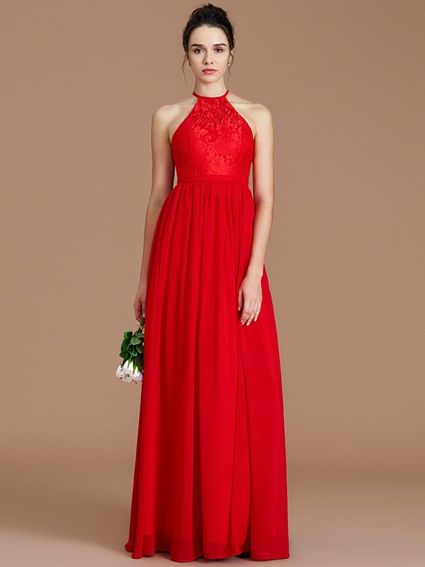 A-Line/Princess Halter Sleeveless Lace Floor-Length Chiffon Bridesmaid Dresses Formal Evening Dress