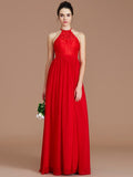 A-Line/Princess Halter Sleeveless Lace Floor-Length Chiffon Bridesmaid Dresses Formal Evening Dress