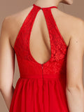A-Line/Princess Halter Sleeveless Lace Floor-Length Chiffon Bridesmaid Dresses Formal Evening Dress