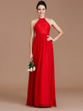 A-Line/Princess Halter Sleeveless Lace Floor-Length Chiffon Bridesmaid Dresses Formal Evening Dress