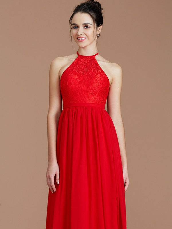 A-Line/Princess Halter Sleeveless Lace Floor-Length Chiffon Bridesmaid Dresses Formal Evening Dress