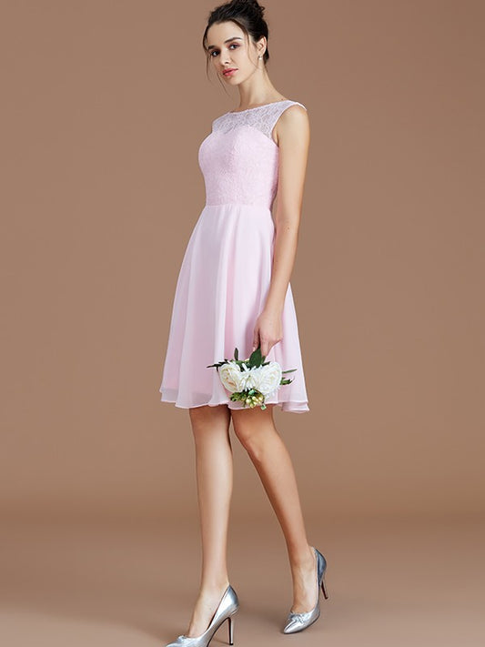 A-Linie/Princess-Linie Bateau-Ausschnitt Ärmellos Spitze Kurz/Mini Chiffon Brautjungfernkleider Hochzeitsgast Ballkleid