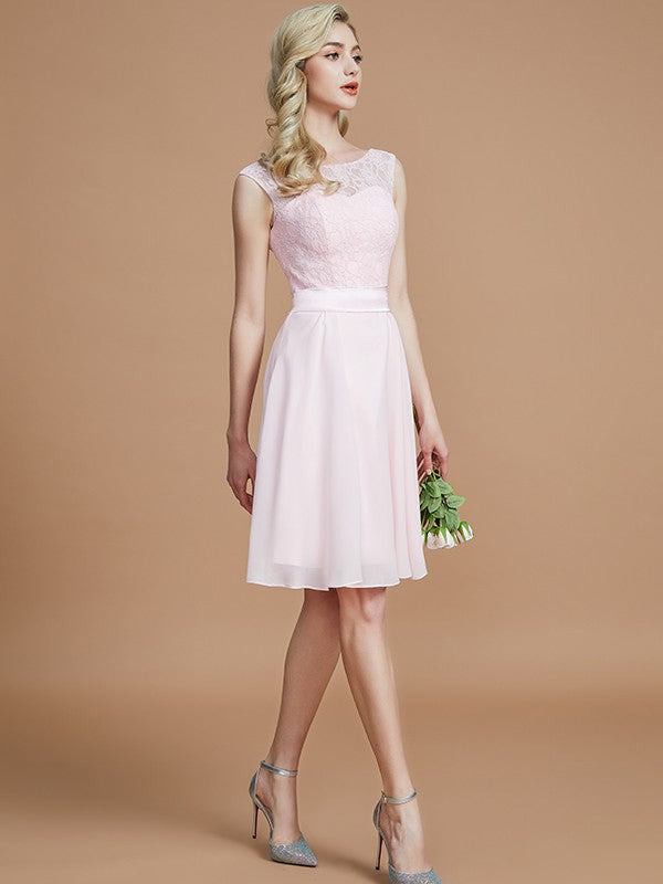 A-Linie/Princess-Linie Bateau-Ausschnitt Ärmellos Spitze Kurz/Mini Chiffon Brautjungfernkleider