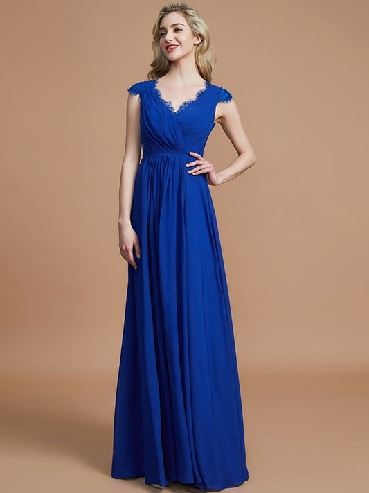 A-Line/Princess V-neck Sleeveless Ruched Floor-Length Chiffon Bridesmaid Dresses Evening Prom Dress