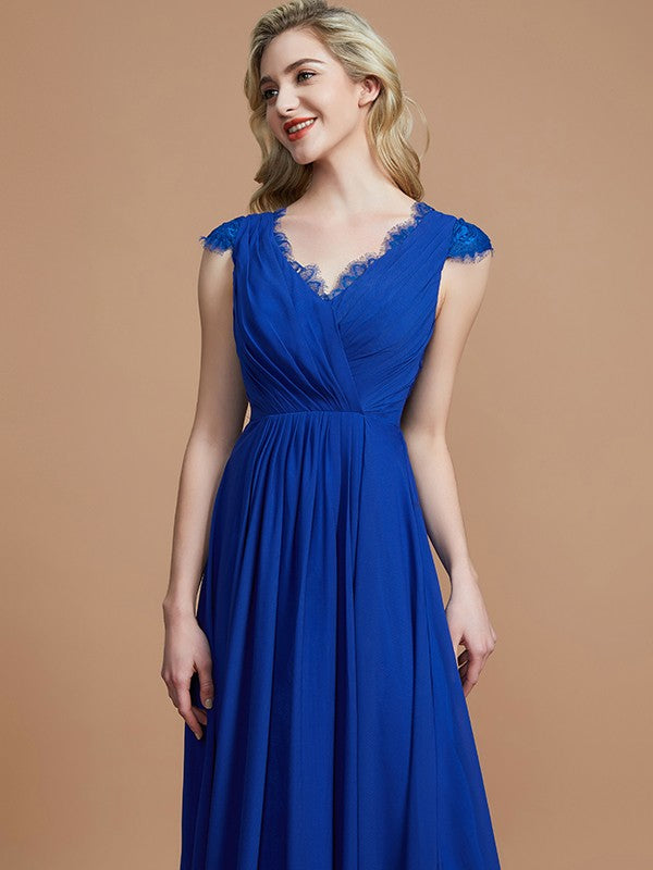 A-Line/Princess V-neck Sleeveless Ruched Floor-Length Chiffon Bridesmaid Dresses Evening Prom Dress