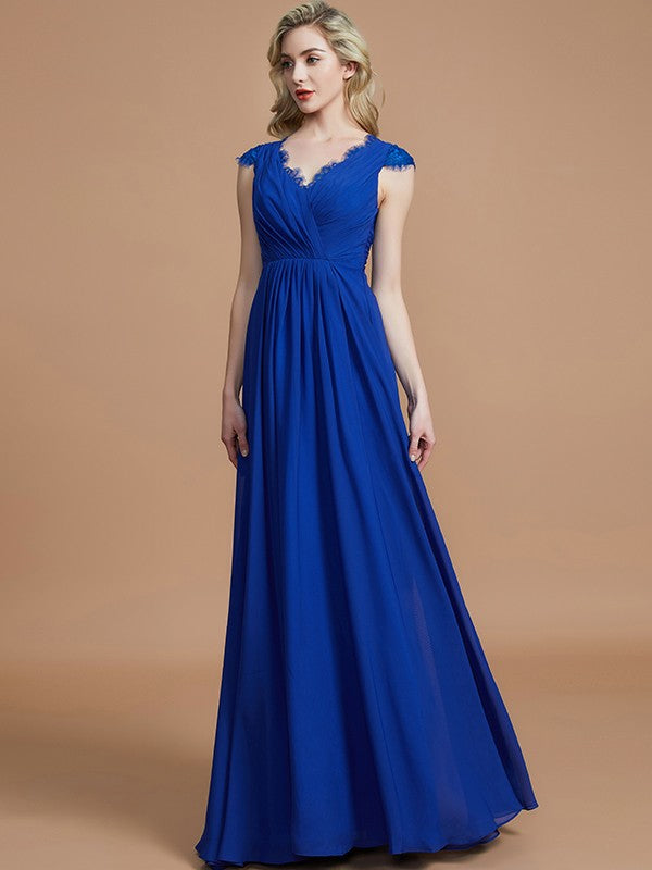 A-Line/Princess V-neck Sleeveless Ruched Floor-Length Chiffon Bridesmaid Dresses Evening Prom Dress