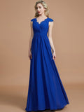 A-Line/Princess V-neck Sleeveless Ruched Floor-Length Chiffon Bridesmaid Dresses Evening Prom Dress