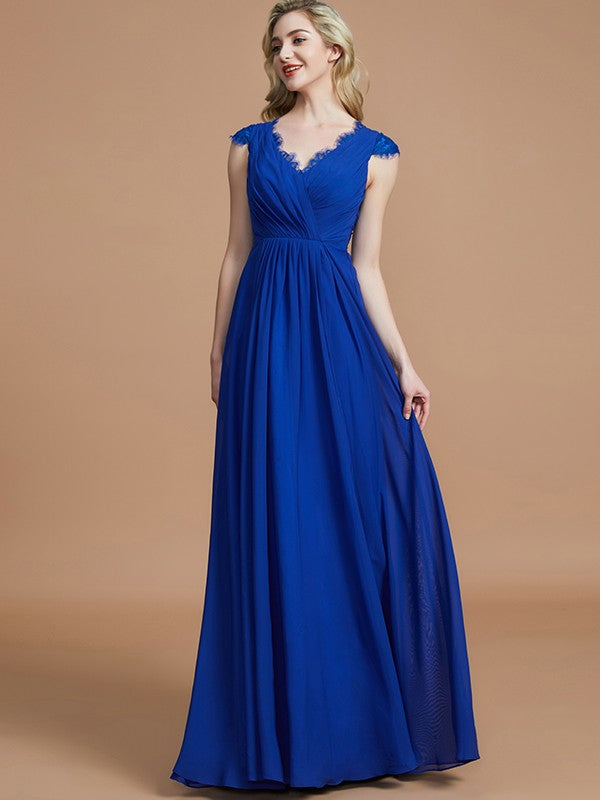 A-Line/Princess V-neck Sleeveless Ruched Floor-Length Chiffon Bridesmaid Dresses Evening Prom Dress