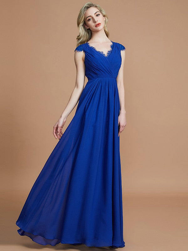 A-Line/Princess V-neck Sleeveless Ruched Floor-Length Chiffon Bridesmaid Dresses Evening Prom Dress
