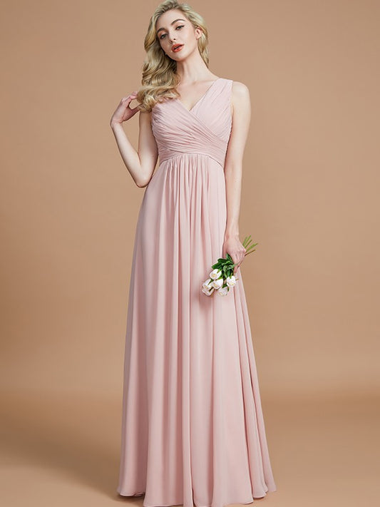 A-Linie/Princess-Linie V-Ausschnitt Ärmellos Gerafft Bodenlang Chiffon Brautjungfernkleider Abendkleid
