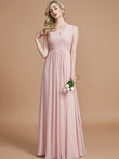 Vestido de dama de honor de gasa con corte A/princesa, escote en V, sin mangas, fruncido, largo hasta el suelo, para invitada de boda