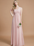 Vestido de dama de honor de gasa con corte A/princesa, escote en V, sin mangas, fruncido, largo hasta el suelo, para invitada de boda
