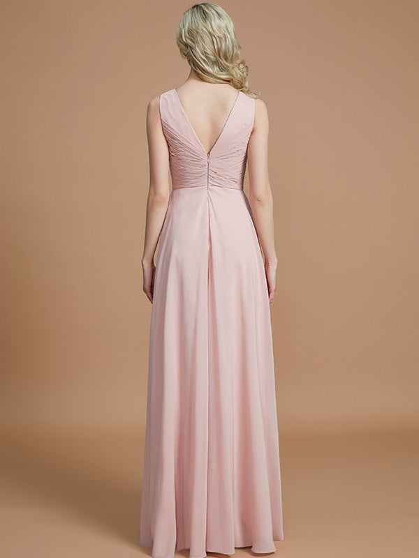 Vestido de dama de honor de gasa con corte A/princesa, escote en V, sin mangas, fruncido, largo hasta el suelo, para invitada de boda