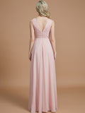 Vestido de dama de honor de gasa con corte A/princesa, escote en V, sin mangas, fruncido, largo hasta el suelo, para invitada de boda