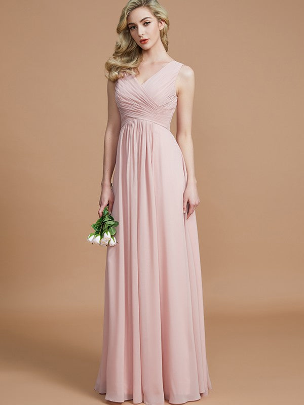 Vestido de noche de gasa para dama de honor, corte A/princesa, escote en V, sin mangas, fruncido, largo hasta el suelo