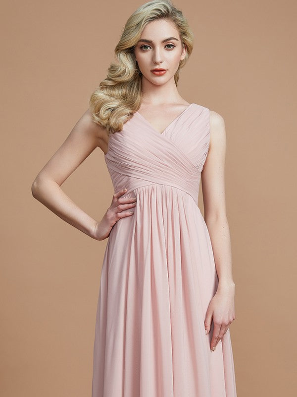 Vestido de dama de honor de gasa con corte A/princesa, escote en V, sin mangas, fruncido, largo hasta el suelo, para invitada de boda