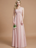 Vestido de dama de honor de gasa con corte A/princesa, escote en V, sin mangas, fruncido, largo hasta el suelo, para invitada de boda