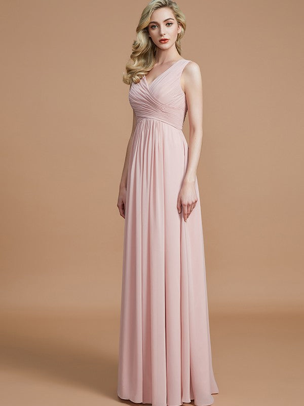Vestido de dama de honor de gasa con corte A/princesa, escote en V, sin mangas, fruncido, largo hasta el suelo, para invitada de boda