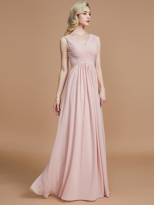Vestido de dama de honor de gasa con corte A/princesa, escote en V, sin mangas, fruncido, largo hasta el suelo, para invitada de boda